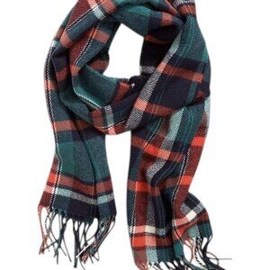 Old Navy Unisex Plaid Fringe Winter Scarf Blue Orange Green Acrylic One Size